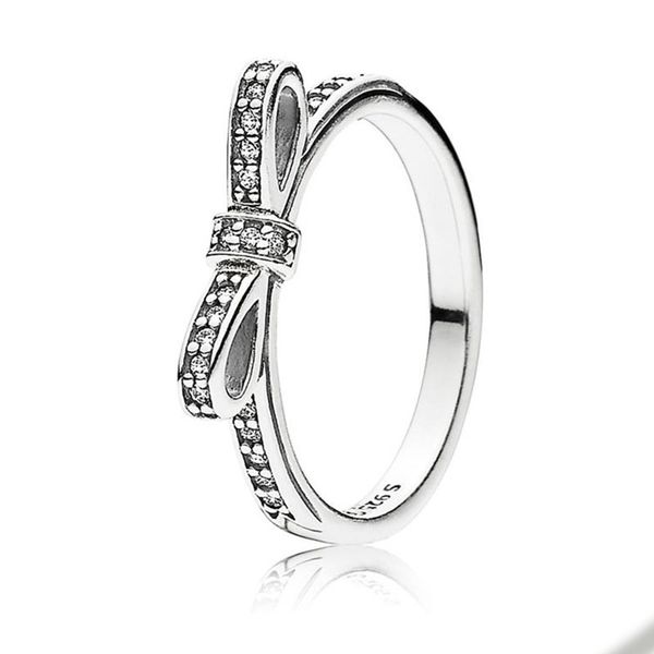 

real sterling silver classic bow ring for pandora cz diamond wedding party designer jewelry for women girlfriend gift rose gold bowknot ring, Slivery;golden