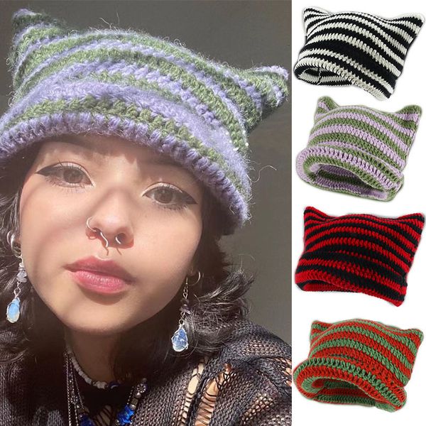 

beanieskull caps striped beanie with cat ear women contrast cute devil horns hat girls handmade crochet winter warm ski cap for halloween gi, Blue;gray