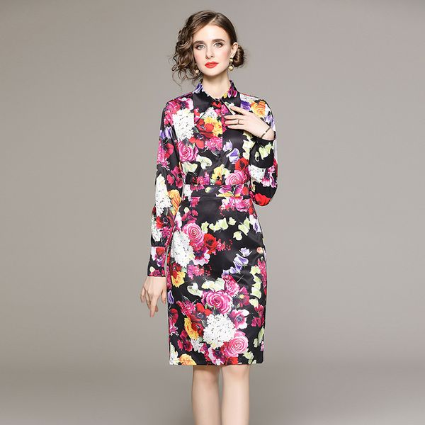 

floral two piece dress women designer sets 2023 long sleeve fashion print blouse and bag hip skirt graceful office lady 2 piece midi dress c, White