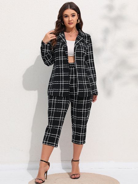 

women's two piece pants finjani plus size women blazers plaid button front suit sets casual blazer cropped pants autumn and winter clot, White