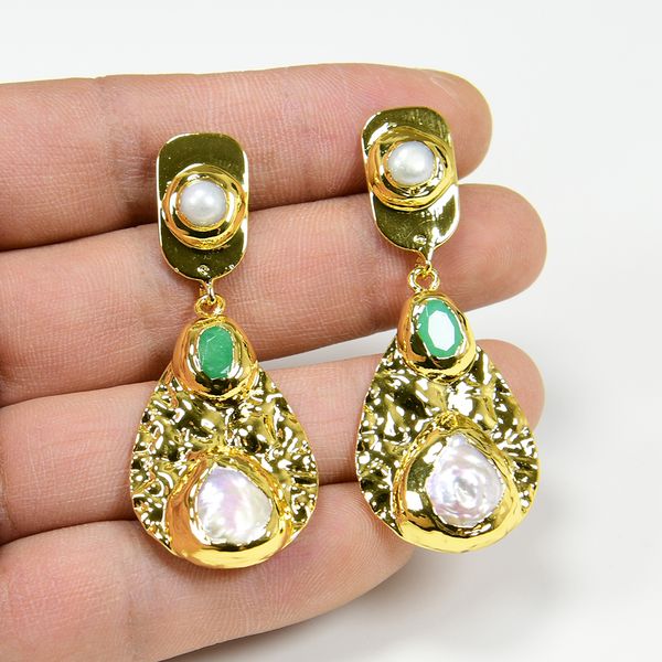 

freshwater cultured white coin pearl chandelier gold plated green jade pearl stud earrings for lady fashion jewelry gifts, Silver