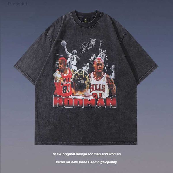 

men's t-shirts tkpa rodman portrait print old oversize american hip hop wash short sleeve t-shirt ah2t, White;black