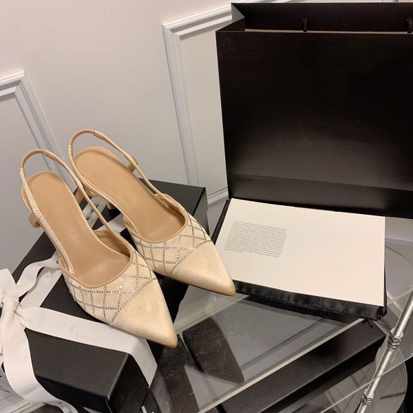 

2023 fashion women's dress shoes slings vintage sandals girl g party wedding silk fabric women's medium heel mesh shoe box, Black