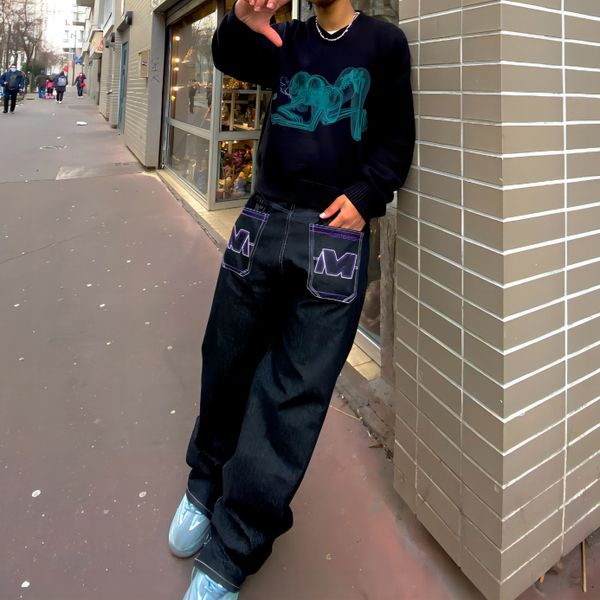 

mens jeans  letter embroidered multipocket cargo jeans black streetwear loose teen high waisted ripped men pants 230327, Blue