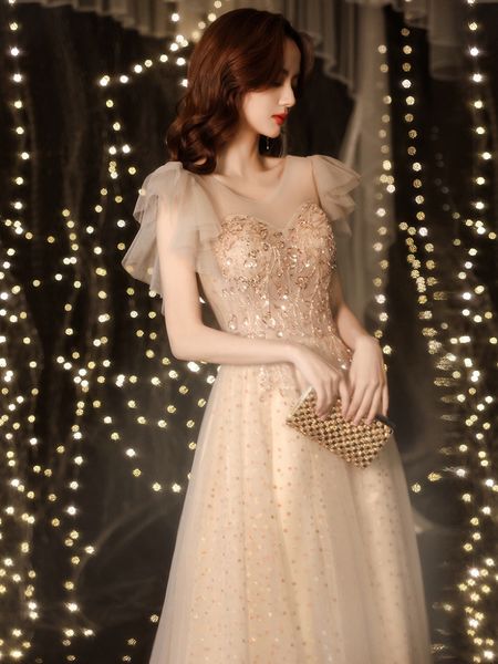 

light champagne bridesmaid dresses appliques flare sleeves v neck beaded a line bride dance celebrity party polka dot prom gowns, White;pink