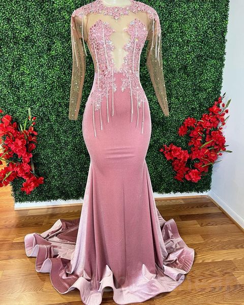 

2023 arabic aso ebi pink velvet prom dresses lace crystals mermaid evening formal party second reception birthday engagement bridesmaid gown, Black
