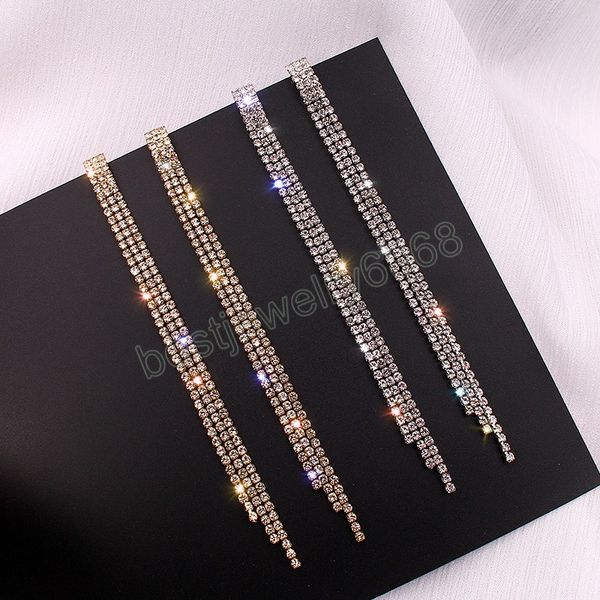 

trendy tassel crystal rhinestone long earrings for women luxury shiny bridal dangle drop earrings wedding jewelry gift bijoux, Silver
