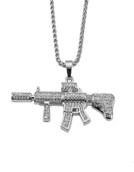 

men cool m4 gun pendant necklaces hip hop punk rock style full rhinestone fashion mens stainless steel necklace for 29 inch chain8991319, Silver