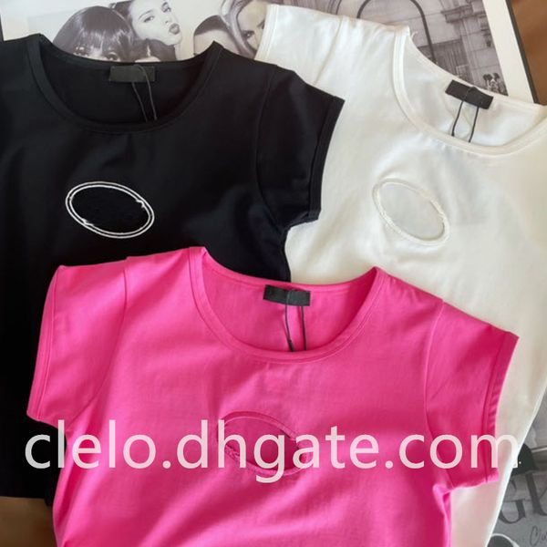 

fashion embroidery women's t-shirt with logo hollow out cotton short sleeve black white pink sml