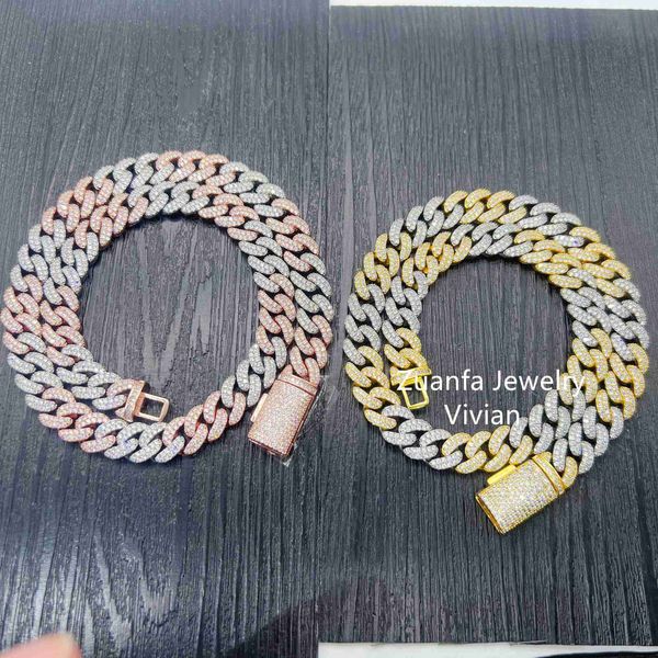 

two tone color miami cuban link chain sterling silver 925 vvs moissanite diamond iced out hip hop necklace