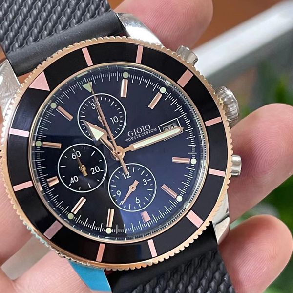 

0 0 black blue rubber superocean rose gold mens ceramic quartz chronograph watch 1, Slivery;brown
