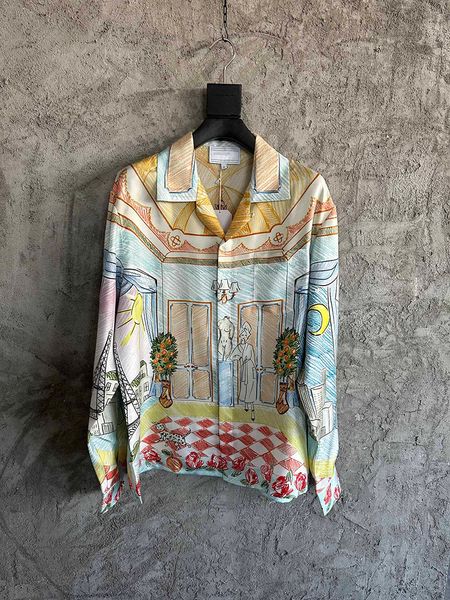 

2023ss new shirt men's illustrative print pattern silk long sleeve shirt classic spring polo t-shirt polo casual top, White;black