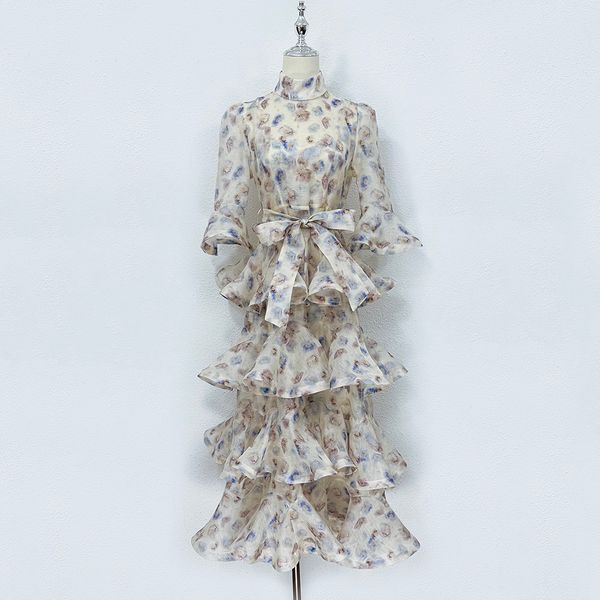 

casual dresses 2023 australian designer designs silk and hemp printed cake skirt long dress, Black;gray
