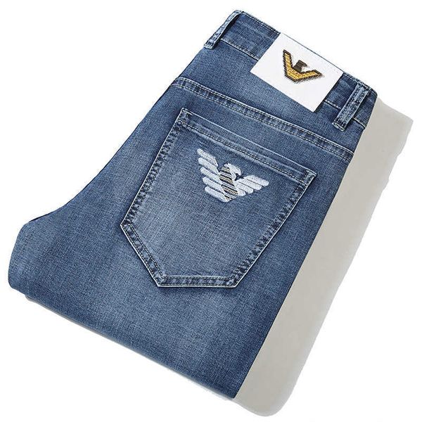 

brand summer big thin jeans men's washed light blue busin casual straight long pants fashion embroidery