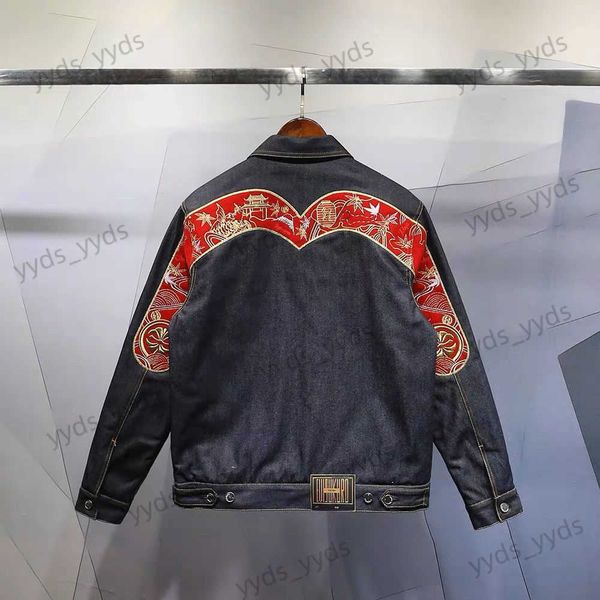 

men's jackets early spring 2023 new red embroidery jacket lantern cherry blossom large denim loose fit jacket t230327, Black;brown