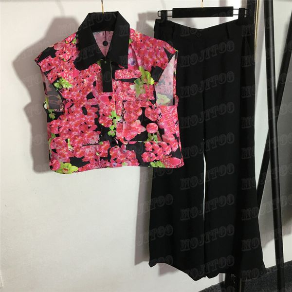 

floral letter vest shirts flare pants set for women temperament print lapel shirt high waist wide leg pant suit, Black