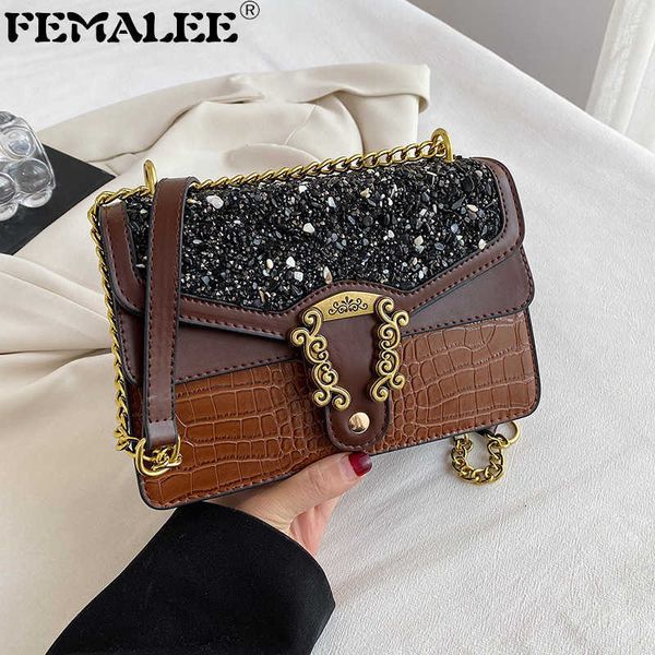 

evening bags femalee retro spliced leather shoulder bag for women sequined chain crossbody bag female luxury brand purse odile messenger j23