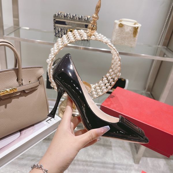 

women shallow cut patent leather formal shoes designer pointy toe square buckle heels shoes crystal studded buckle casual comfortable shoes, Black