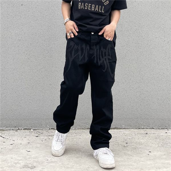 

men's pants y2k emo men's fashion black streetwear embroidered low rise baggy jeans trousers straight hip hop alt denim pants male