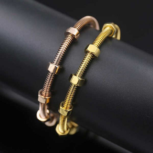 

charm bracelets bangle creative titanium plated 18k rose gold couple bracelet hexagon nut stainless steel bracelet, Golden;silver