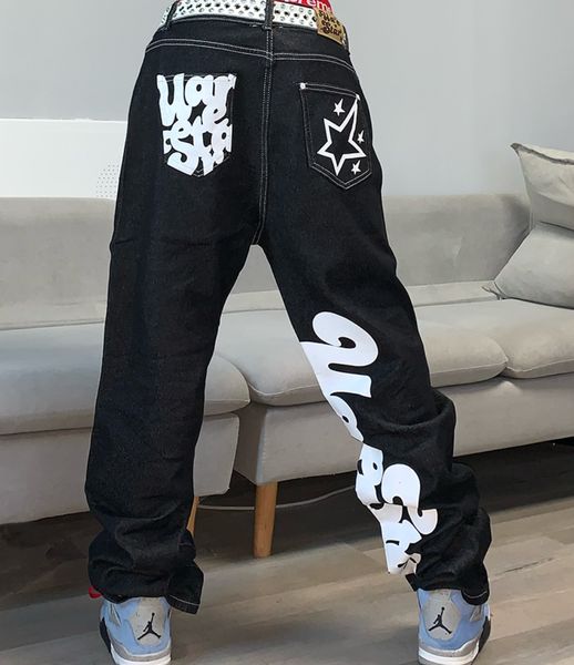 

mens jeans letter print baggy y2k men high street vintage hip hop waisted casual straight wide leg women pants 230327, Blue