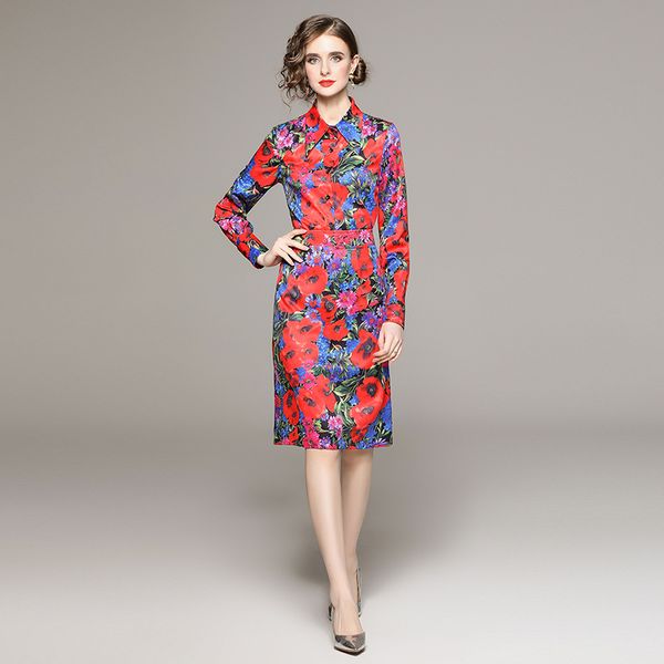

floral red sets designer two piece dress 2023 women fashion printed blouse and bag hip skirt office 2 piece skinny dress long sleeve cafe gr, White