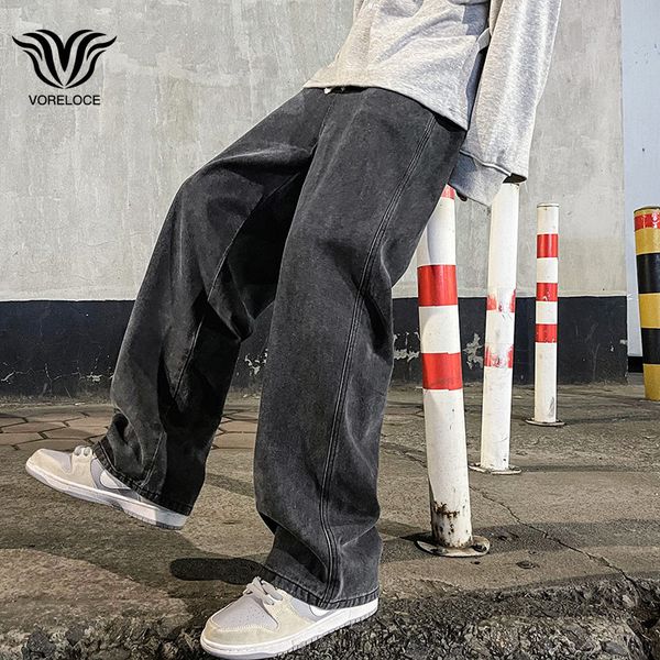 

mens jeans brand korean version student casual pants high street straight loose wide leg black grey blue baggy 230327