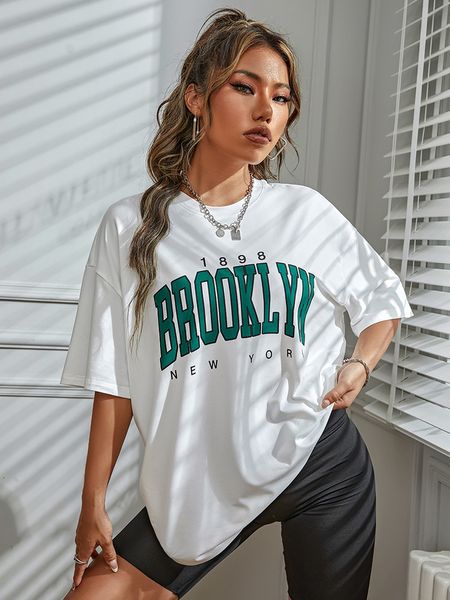 

womens tshirt 1898 brooklyn york letter drop shoulder priting cotton women tshirt vintage simple clothes female t shirt 230327, White