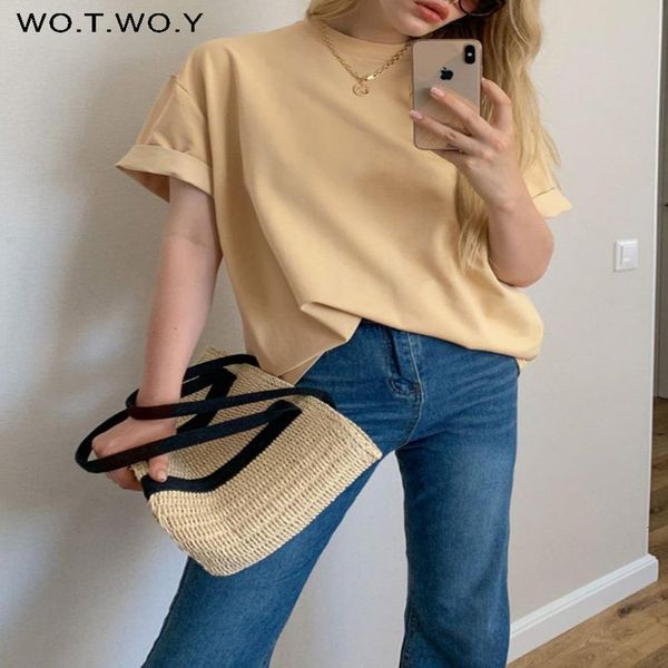 

women's t-shirt wotwoy casual solid summer cotton oversized t-shirts women basic short sleeve knitted tee shirts female harajuku y2k, White