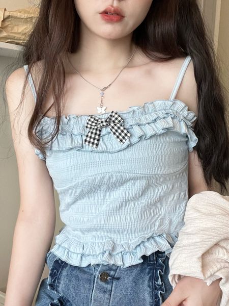 

camisoles tanks blue japanese kawaii sweet tank women bow designer korean style elegant tanks female summer beach boho casual cute vset 2303, Black;white