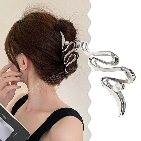 

large wave pearl oversize alloy hair accessories metal silver hair clip vintage geometric punk style hair claws, Slivery;white
