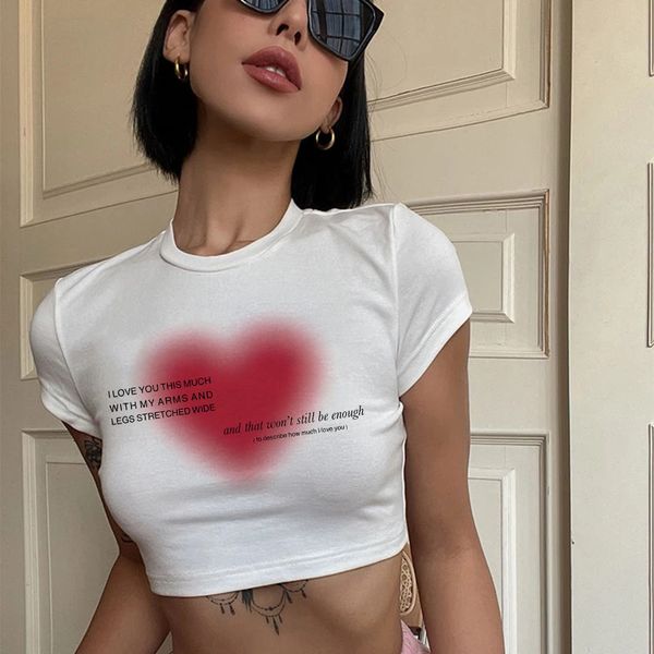 

women's t-shirt aesthetic heart print women t-shirt anime letter kawaii 90's crop summer short sleeve tees kpop streetwear y2k cl, White