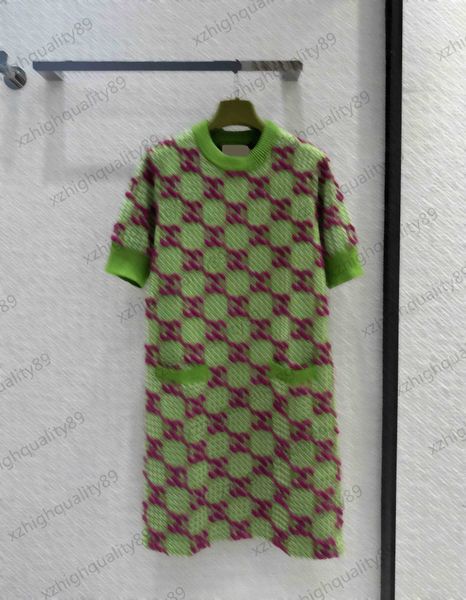 

green dress custom hoop hook floral logo threaded round neck short sleeve dress double pocket design casual style temperament socialite maxi, Black;gray