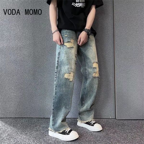 

mens jeans streetwear ripped jean femme baggy denim for men man casual wide leg pants jeans male trousers mens pantalon 230327, Blue