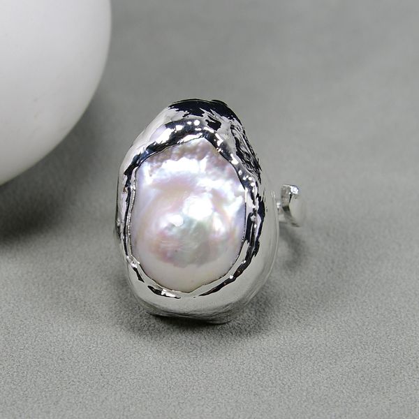 

freshwater cultured white keshi pearl ring 925 silver color plated baroque pearl fashion women jewelry adjustable, Golden;silver