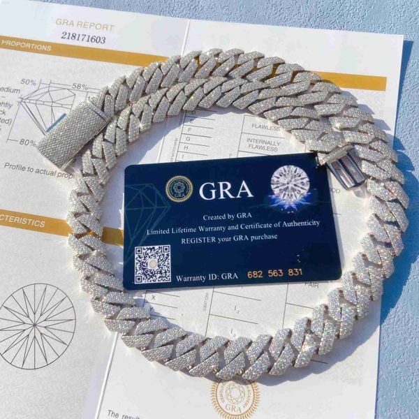 

handmade 15mm width three links vvs moissanite diamond stone womens necklaces 2022 necklace white gold plated link chain, Silver