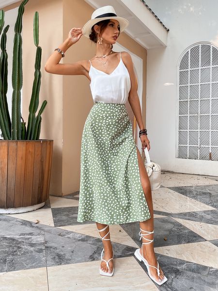 

skirts green boho split thigh allover print women skirts elegant dresses slit long length high waist with zipper slight stretch 230327, Black