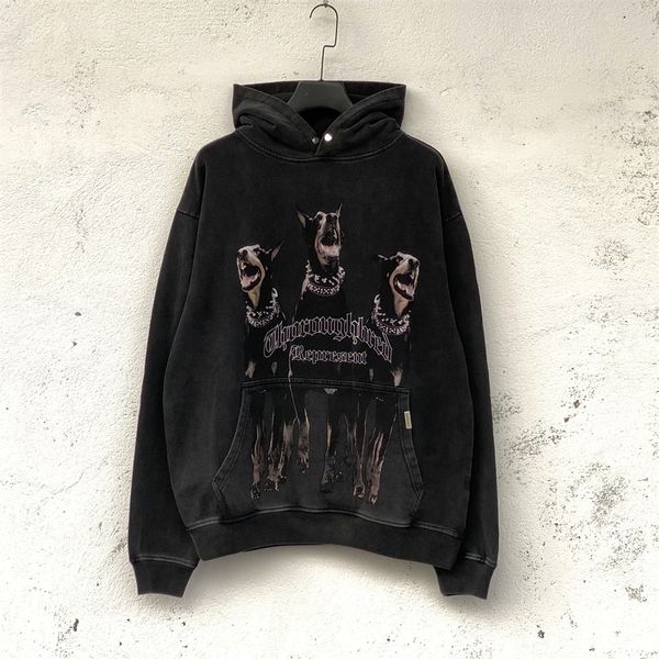 

men's hoodies sweatshirts retro washed sweatshirt dog letter printed pocket hooded hip hop streetwear harajuku vintage pullover 230327, Black