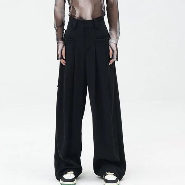 

men's pants casual suit pants men women summer high waist solid color pantalones hombre harajuku loose wide leg trousers pocket streetw, Black
