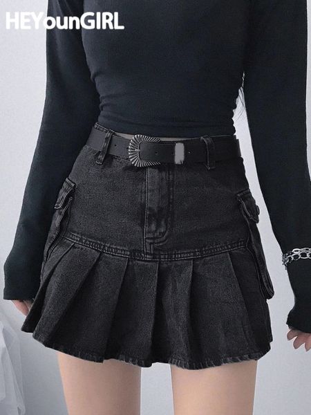 

skirts heyoungirl harajuku punk jeans high waist skirts womens black denim pleated mini skirt ladies pockets korean preppy style 230327