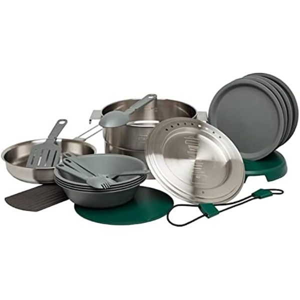 

4 | 21 pcs nesting cookware made from stainless steel & bpa material | incl pot lid cutting board spatula plates spoons forks bowls dish rac