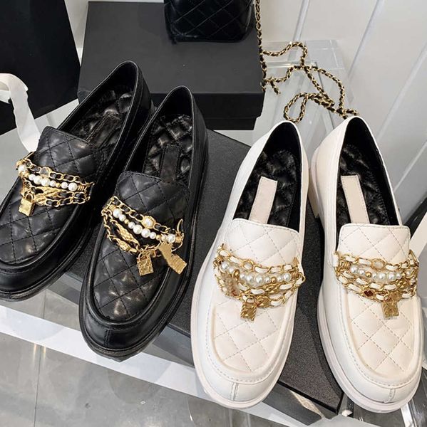 

lambskin quilted cha mules leather dress shoes women nel sandal gold chain lock pearl charm loafers slip on casual platform mule slippers mo, Black