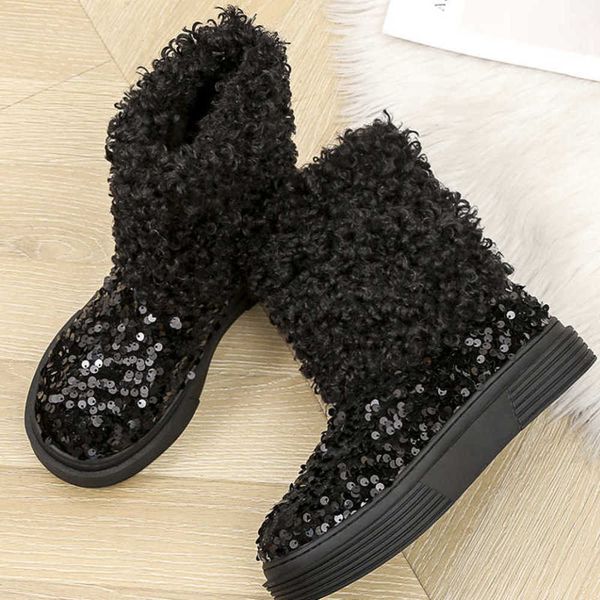 

boots new bling chelsea snow boots casual shoes winter 2022 flats femme shoes non-slip bota women fur short plush warm ankle boots s 1228 12, Black