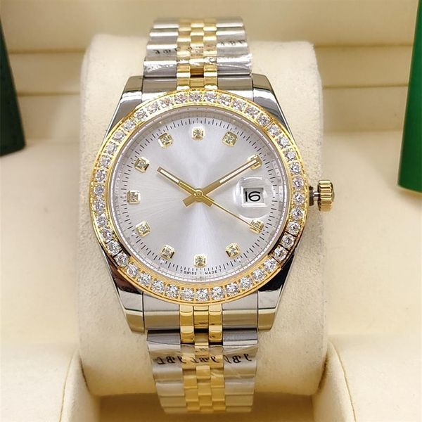 

fashionable men's small diamond ring watch room gold single calendar diamond face 41mm stainless steel strap multi-color o236a, Slivery;brown