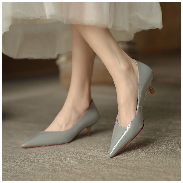 

dress shoes shallow mouth high heels women's spring autumn stiletto work shoes mid-heel all-match patent leather pointed toe shoes wome, Black