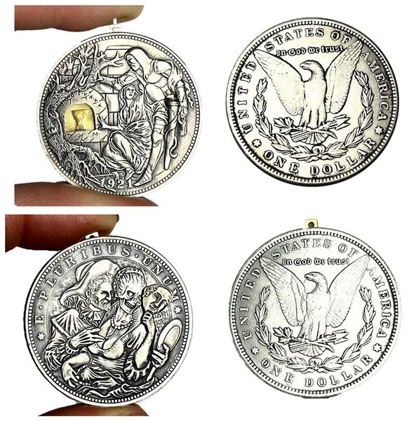 

usa movable mechanism challenge coin hobo nickel 2pcs/lot morgan dollar amazing magic art mask girl holy grail wandering removeable sword in