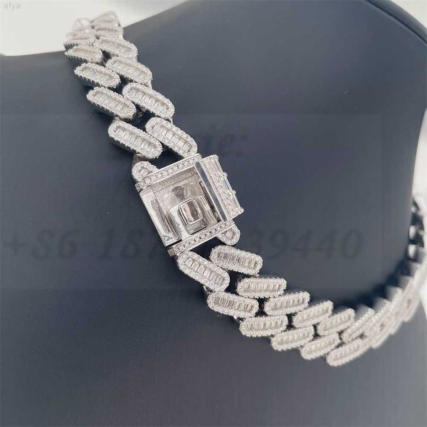 

rapper necklace 18mm wide icedout cuban moissanite diamond custom chain baguette, Silver