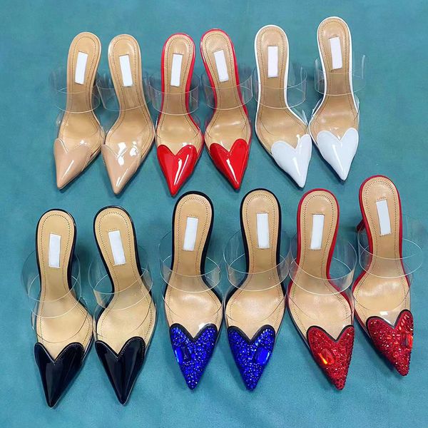 

glitter crystal embellished clear pvc mules evening shoes rhinestone stiletto heels 105mm women's heel luxurys designers dress shoe lad, Black