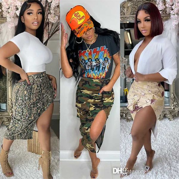 

summer women camouflage skirt dress designer new long slit skirts fashion street trend personality with pockets skirts, Black