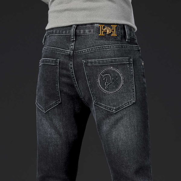 

kong emma hong family autumn and winter premium black grey jeans men's fashion slim fit straight leg pants thick, Blue